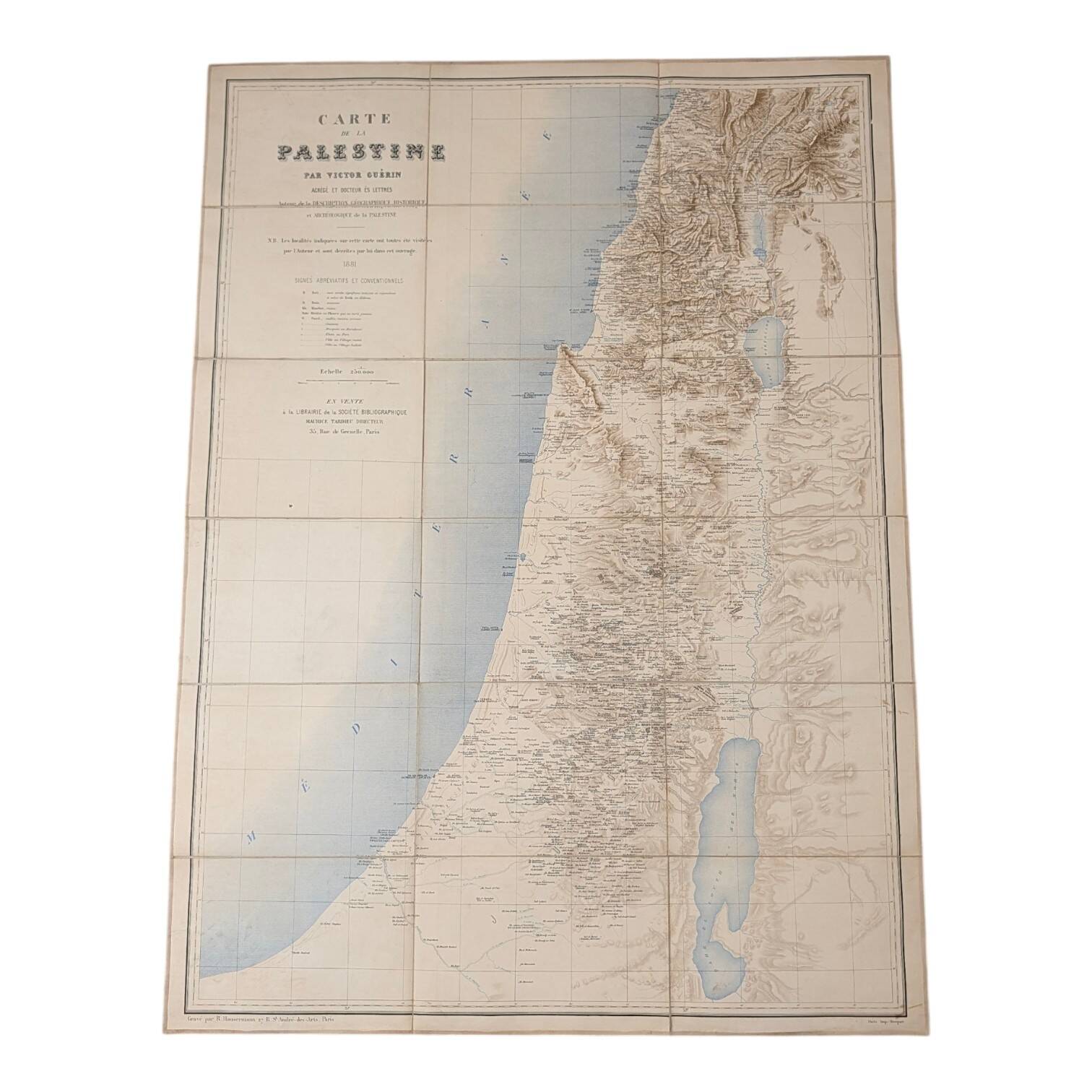 Canvas map of Palestine by Victor Guérin, 1881