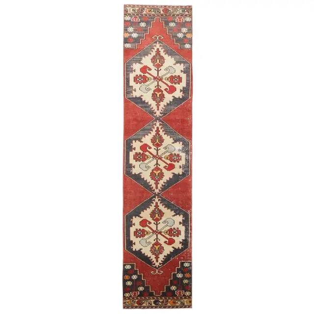 Vintage Turkish Oushak Handmade Wool Cotton Red Runner Rug 73x330