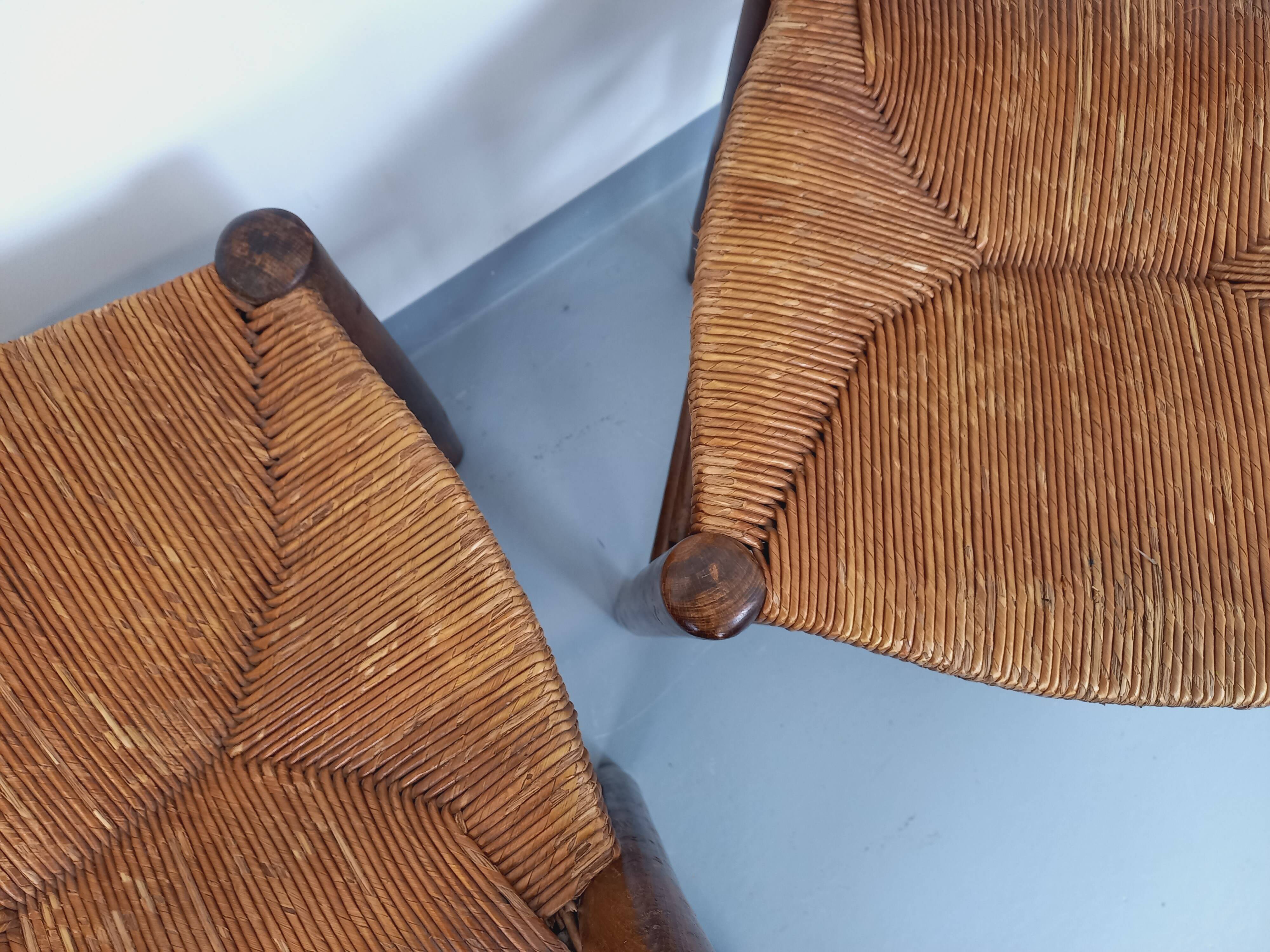 Set of 4 vintage brutalist chairs in wood and straw from the 60s