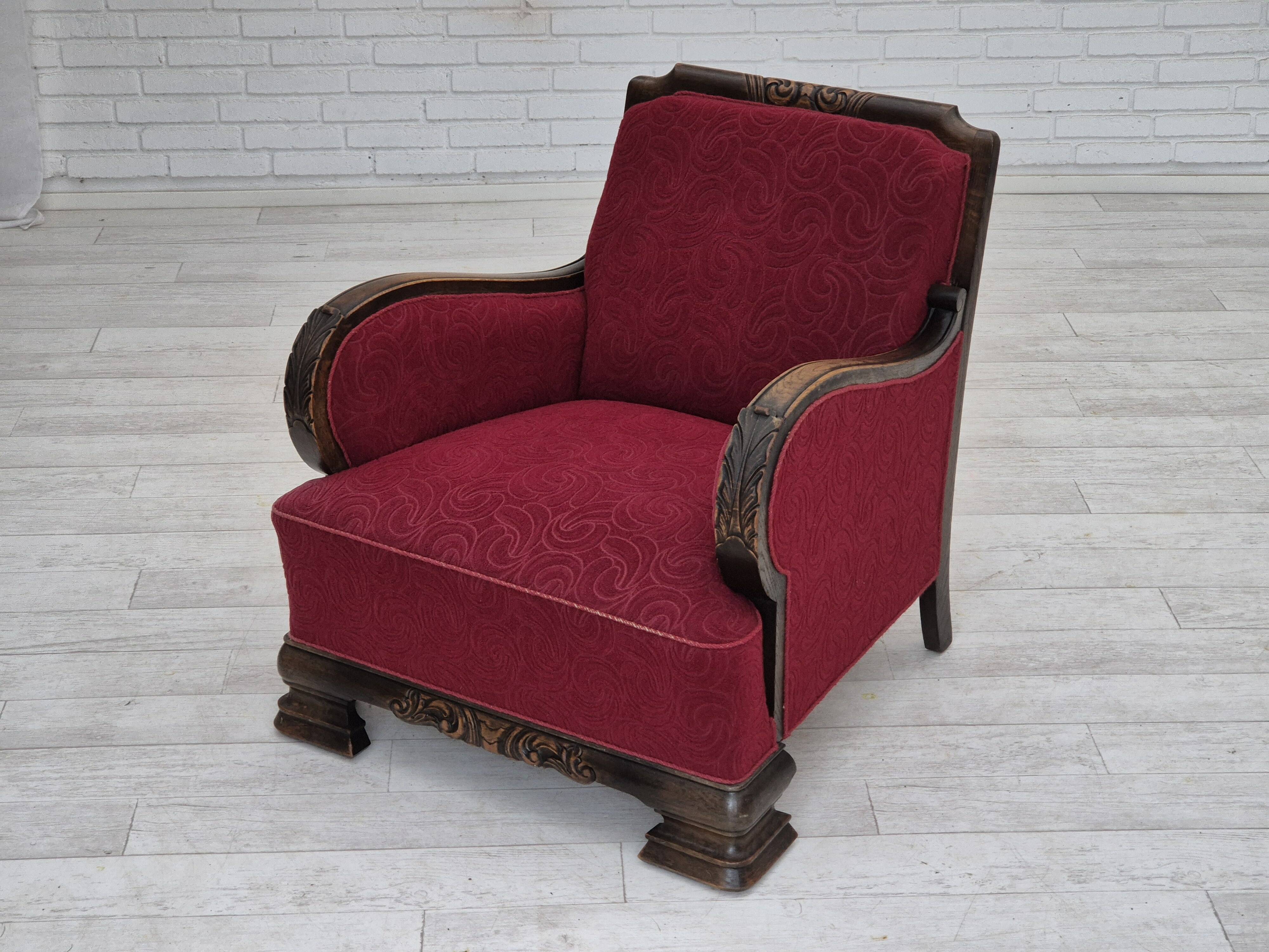 Fauteuil relax vintage danois des années 1950, tissu d'ameublement, bois de chêne, d'origine.