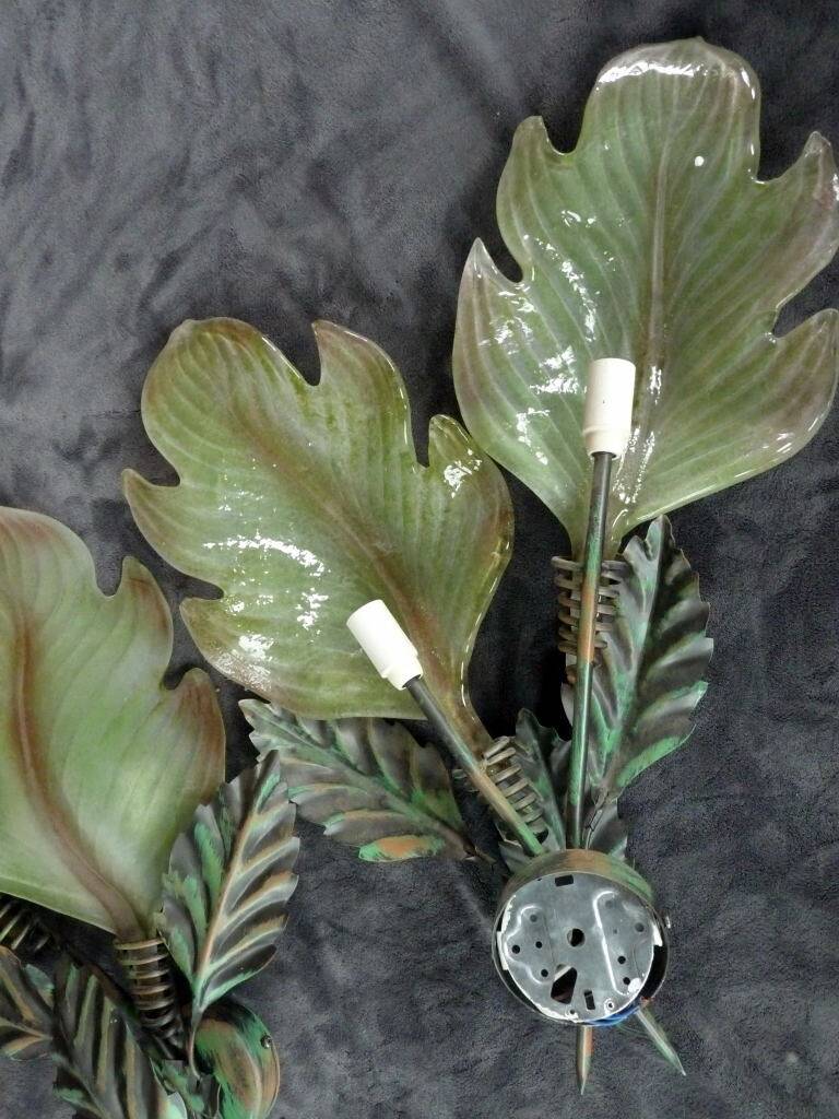giant painted metal wall sconces Murano glass leaf 63cm