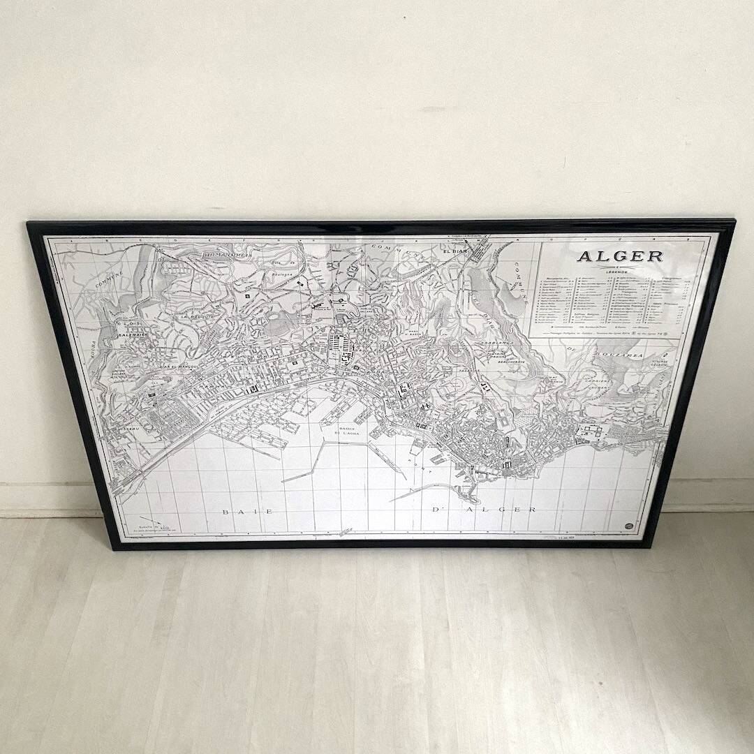 Vintage map of Algiers 1958, framed in wood and glass.