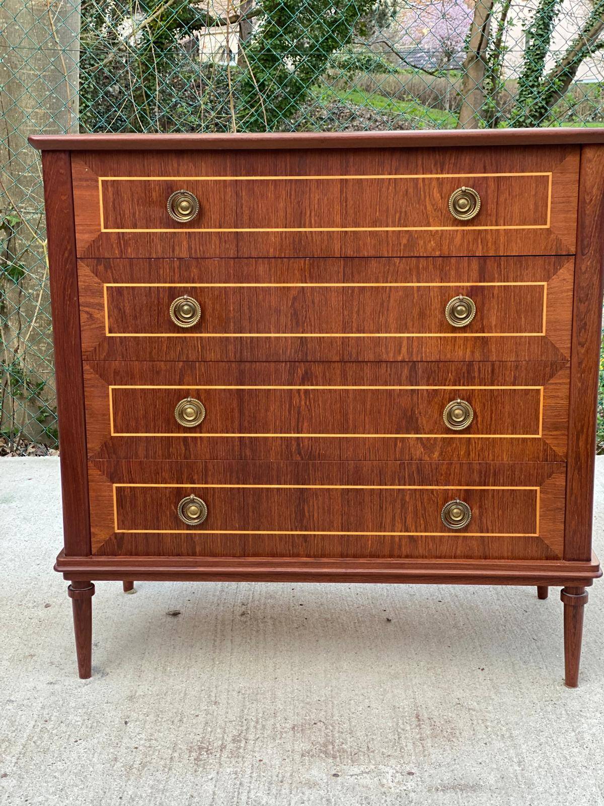 Louis XVI Empire style chest of drawers in solid teak wood with 4 drawers