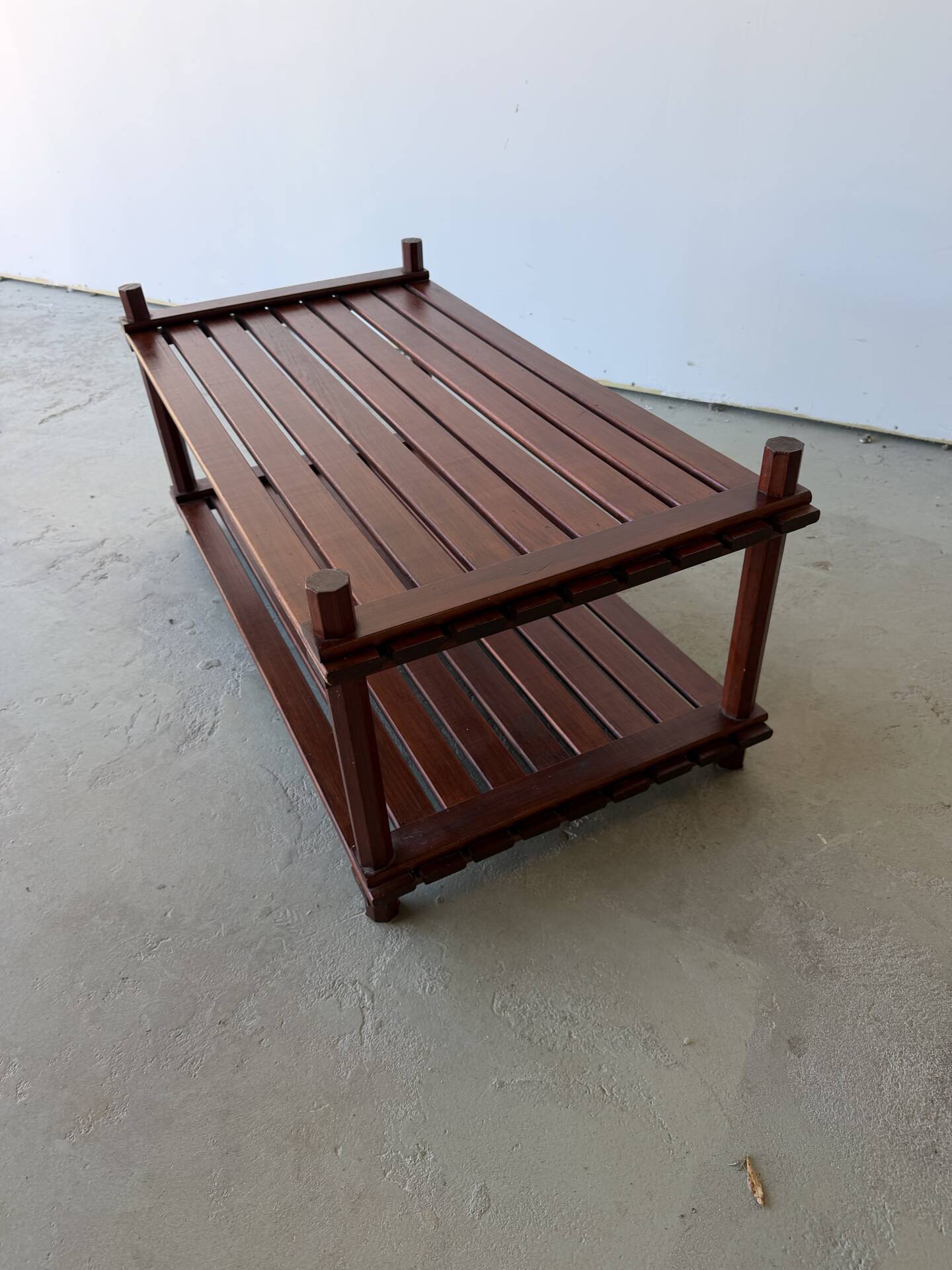 Pine slatted coffee table in vintage 1970s Scandinavian design.