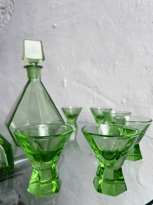 Green glass Art Deco liquor  set, Czechoslovakia 1920s-1930s