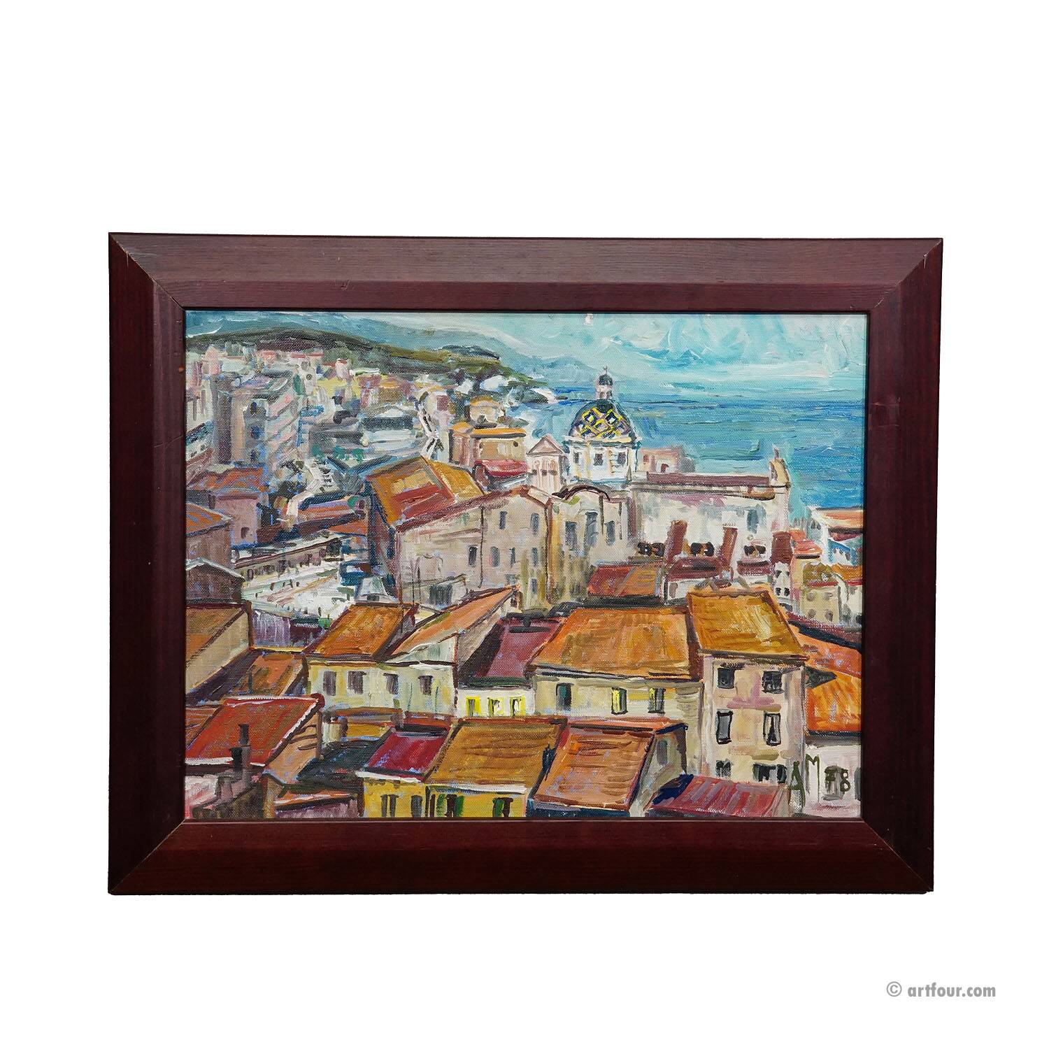 Oil painting by Alexander Michael of a coastal town in southern Italy, 1978.