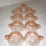 Lot 9 tasses art déco en verre transparent rose