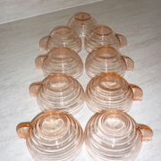 Lot 9 art deco cups in pink transparent glass