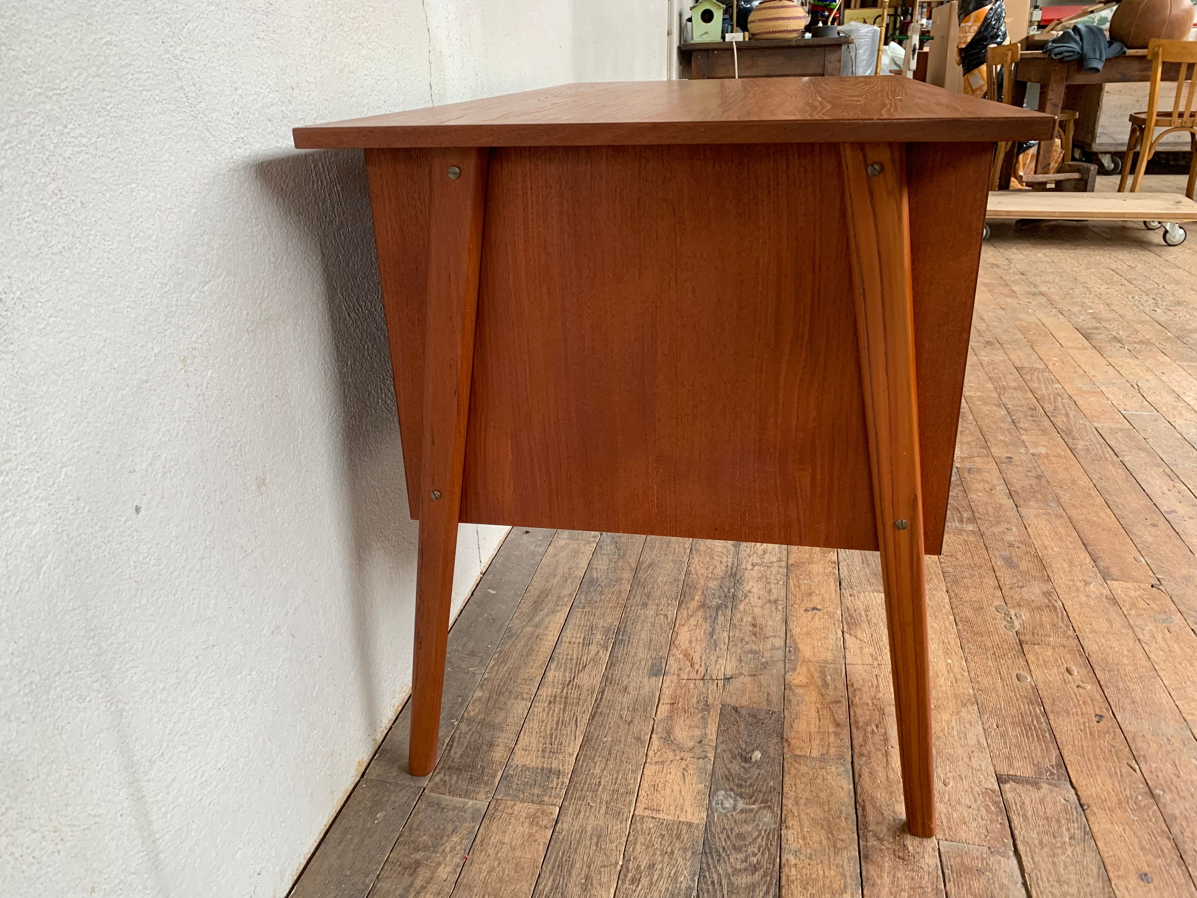 Bureau scandinave teck 1950 1960 vintage rétro ancien - pieds compas - 3 tiroirs - LEGRAND D