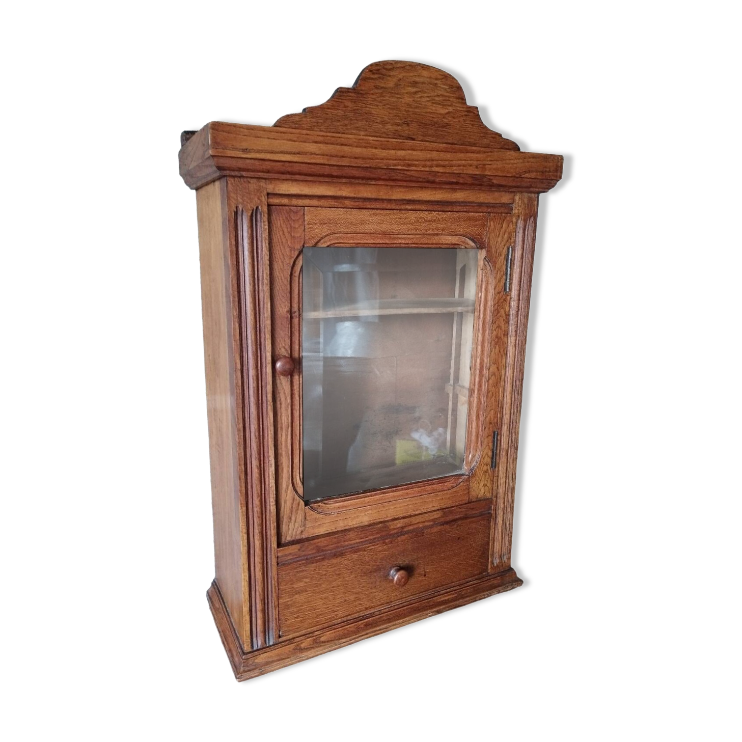 Old glass wall shelf with drawer door