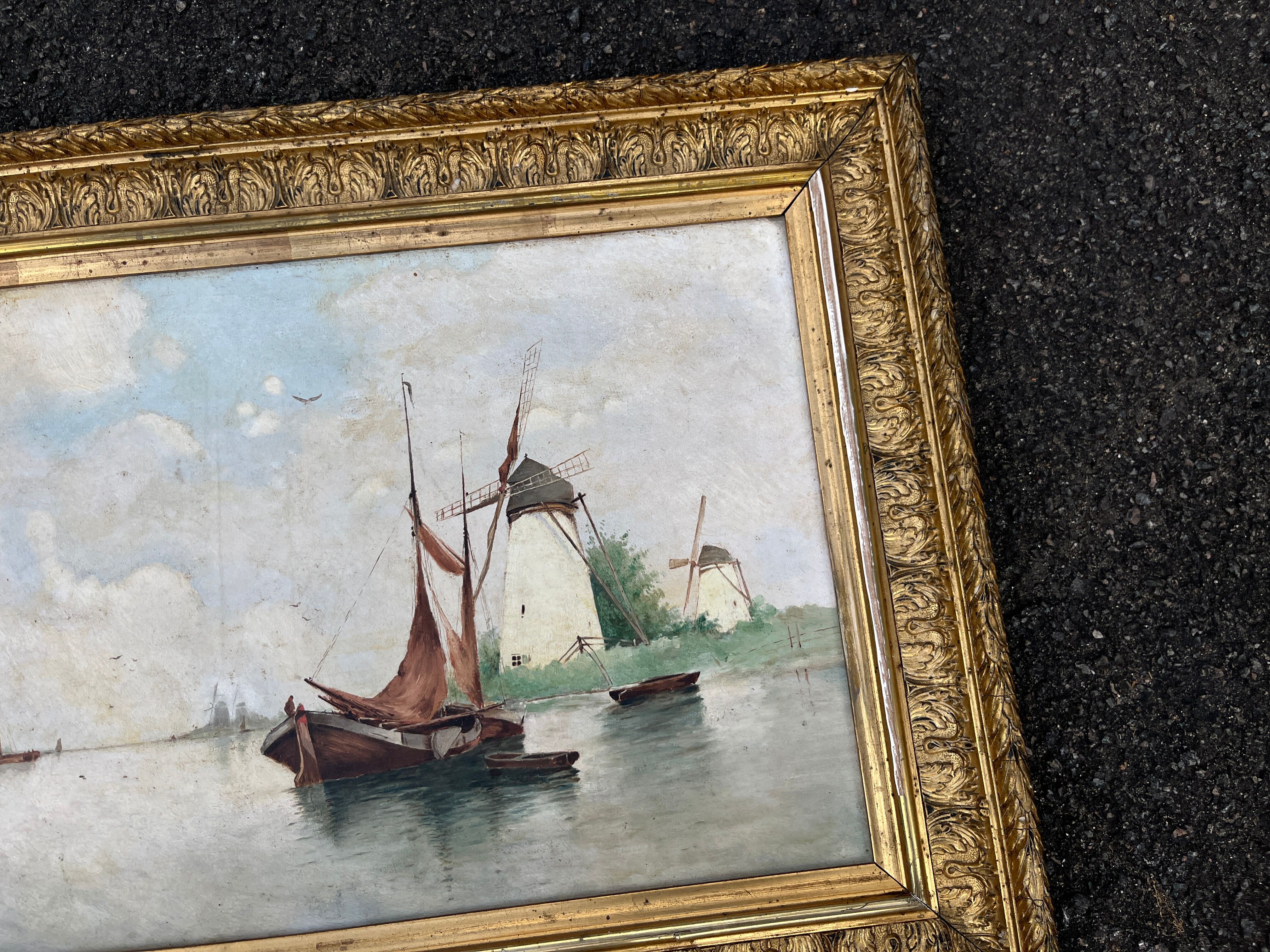Tableau Marine Xix - Landscape of Mills and Boats - Signed E. Vannier
