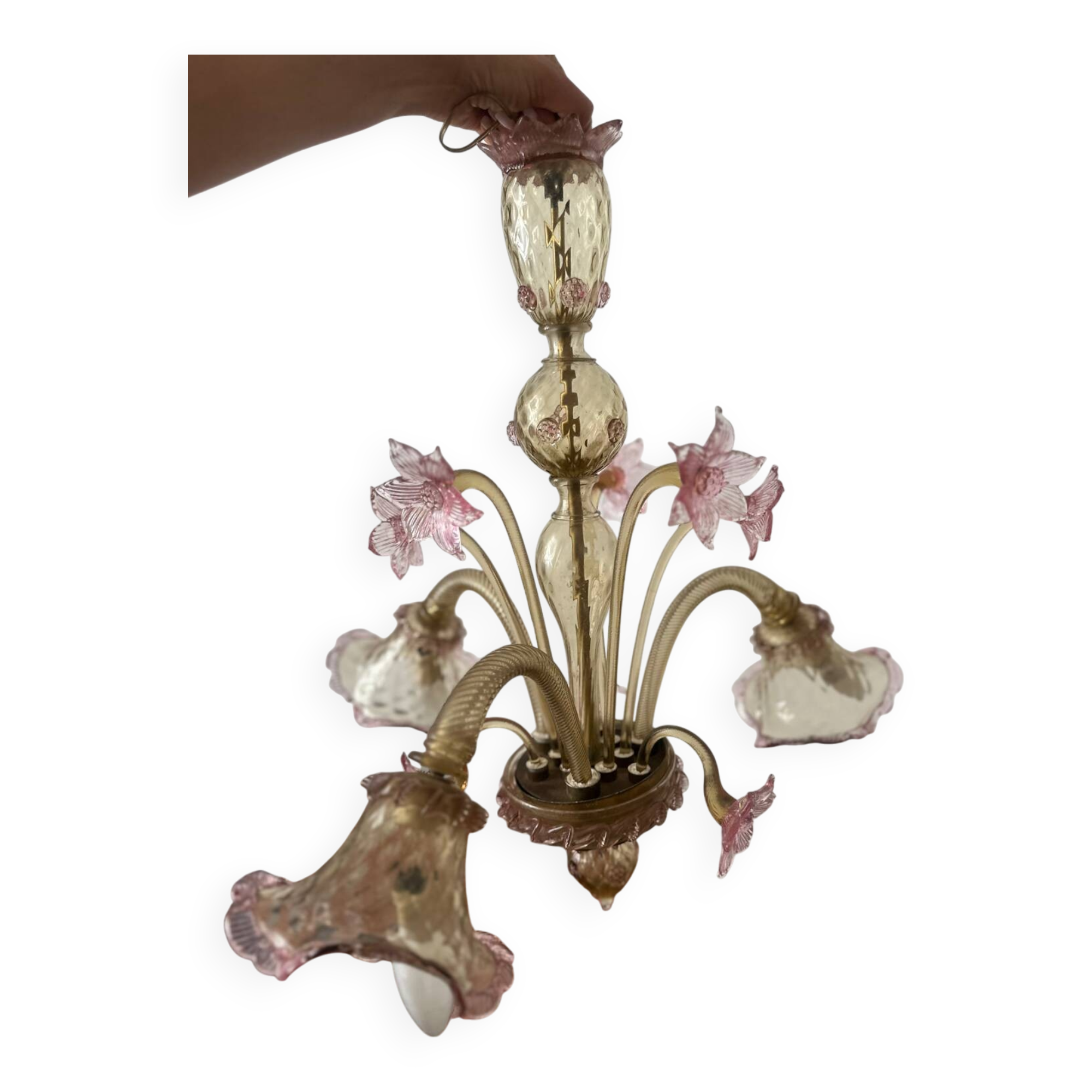 Murano glass chandelier Venetian flowers, circa 1950/1970 pink yellow