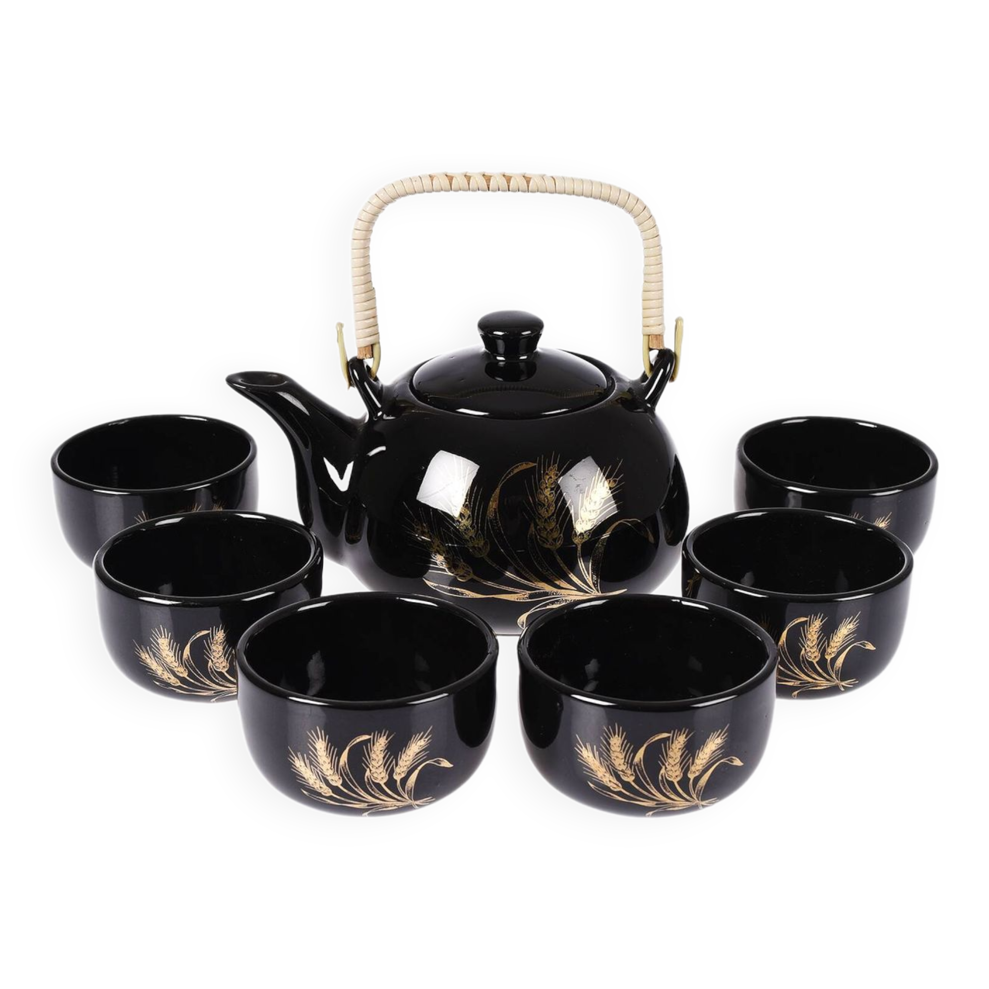 Japanese tea service, teapot and 6 cups, black, gold pattern.