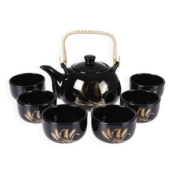 Service à thé japonais, théière et 6 tasses, noir, motif doré.