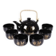 Japanese tea service, teapot and 6 cups, black, gold pattern.