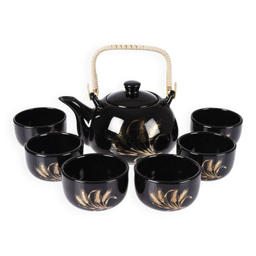 Service à thé japonais, théière et 6 tasses, noir, motif doré.
