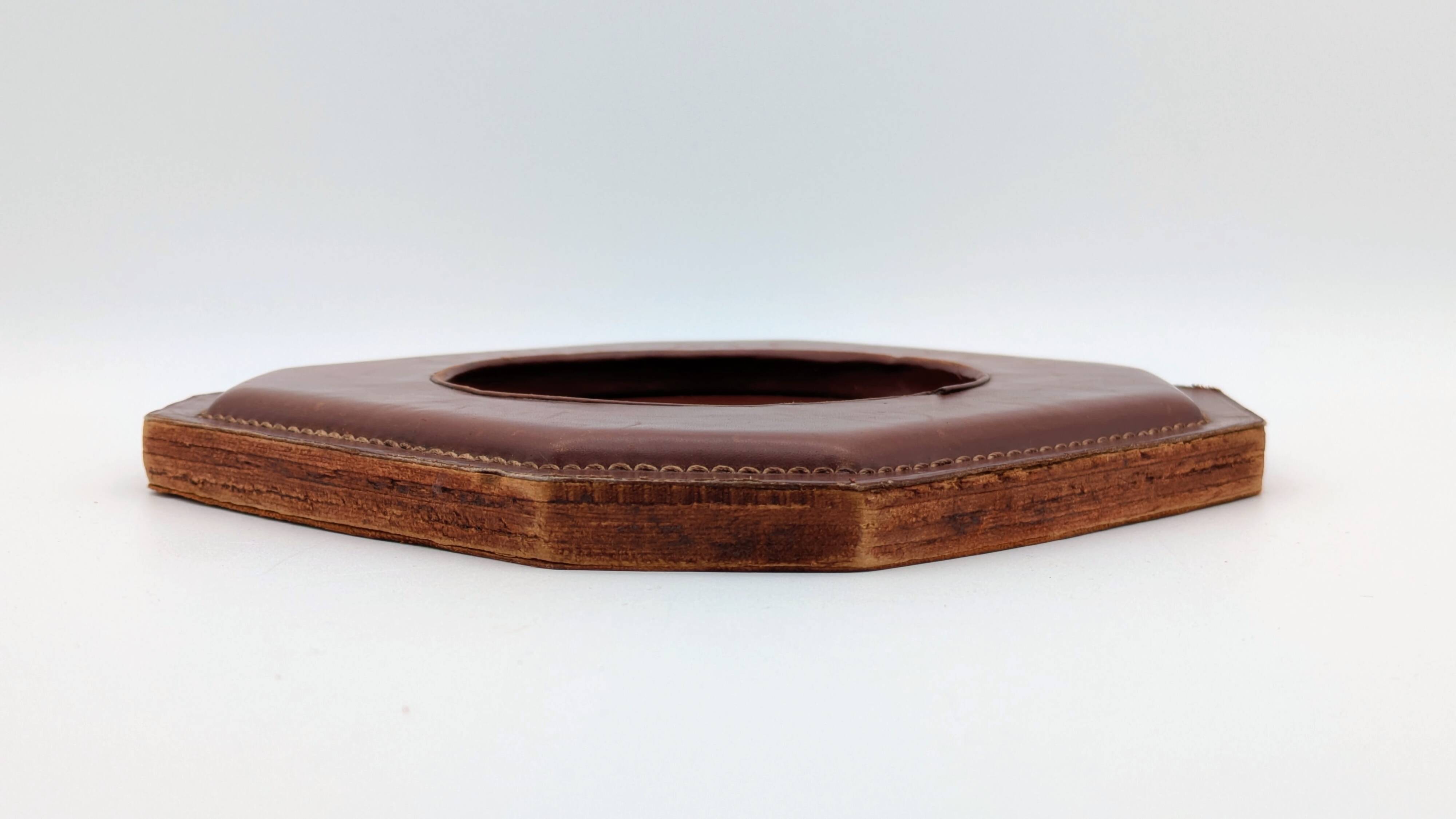 Ashtray / Catch-all Mid-Century Solid Glass Murano Style & Leather 1960