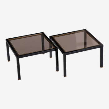 Pair of side tables or end of sofa black metal and glass year 1970