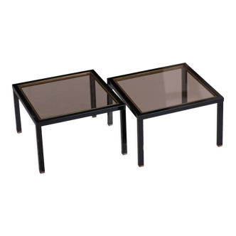 Paire de tables basses d'appoint ou bout de canapé métal noir et verre an 1970