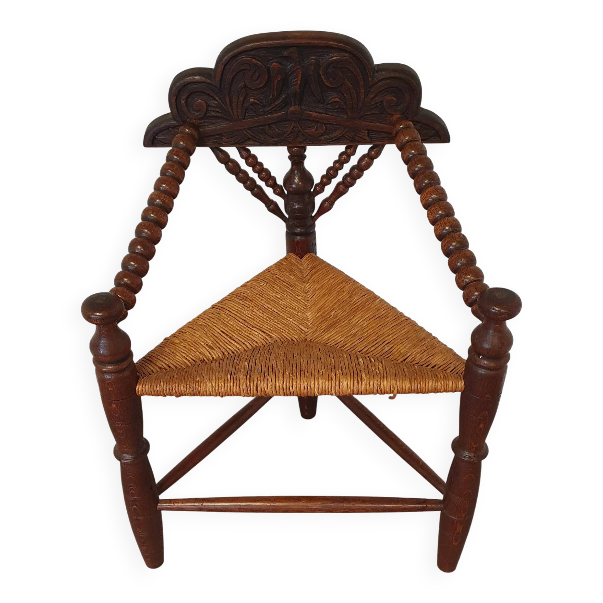 Dutch triangular turned wood corner chair rush seat knitting armchair