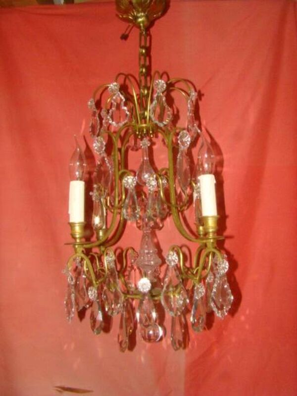 Lustre bronze et cristal à 4 bras de lumière époque début 20ème