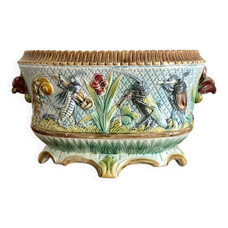 Important planter cache pot barbotine decor insects musicians late 19th century