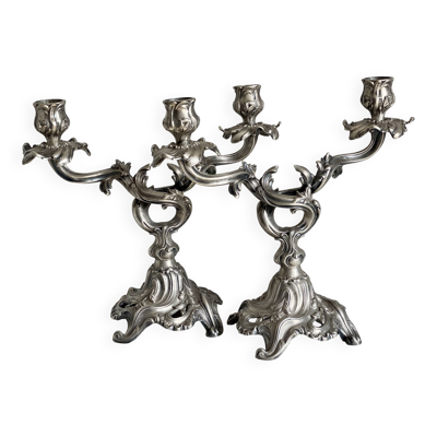 Paire de Chandeliers rocaille métal argenté vintage 1950