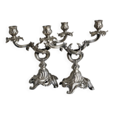 Paire de Chandeliers rocaille métal argenté vintage 1950