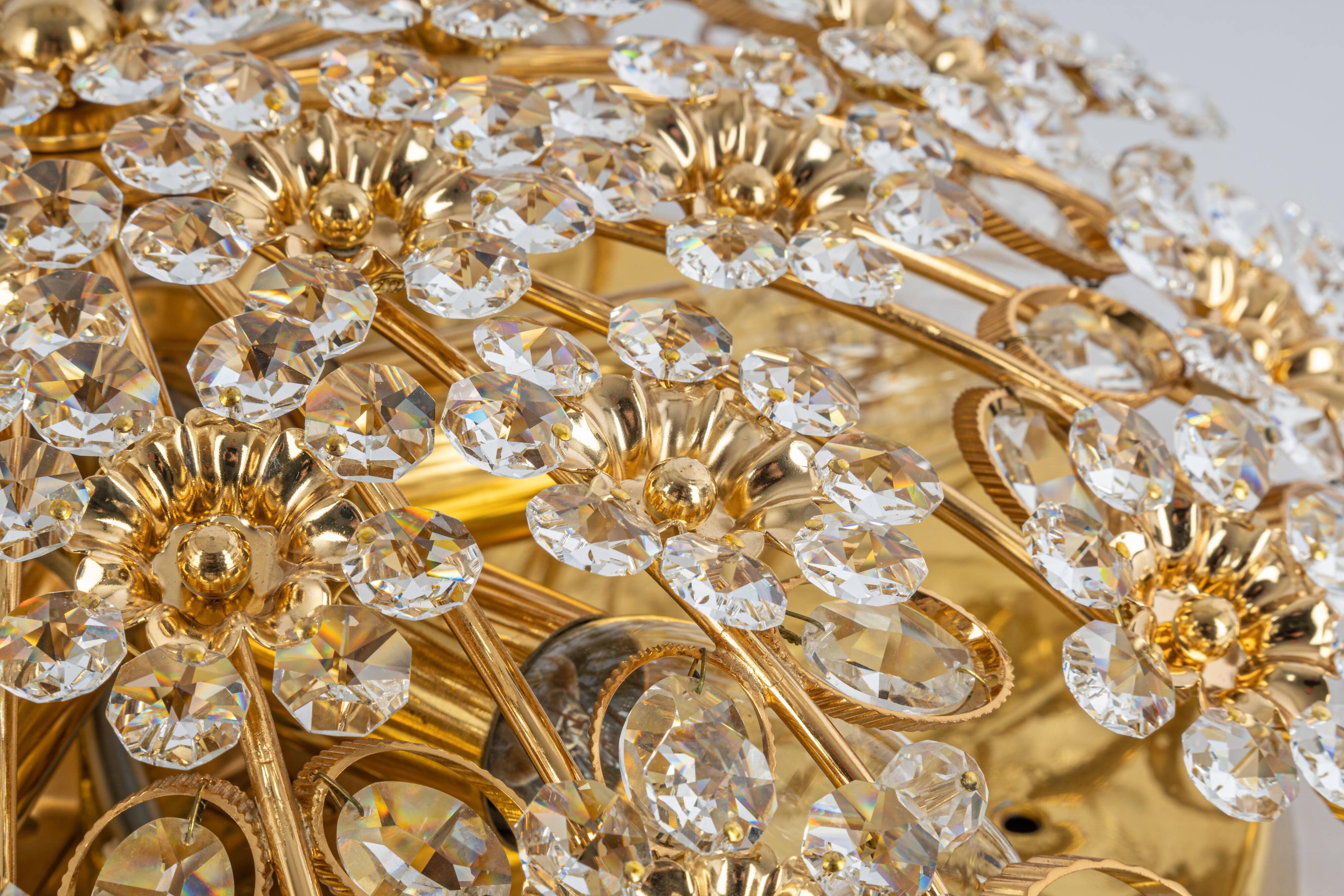 Brass ceiling light with cut glass flowers by Palwa, Germany, 1970s.