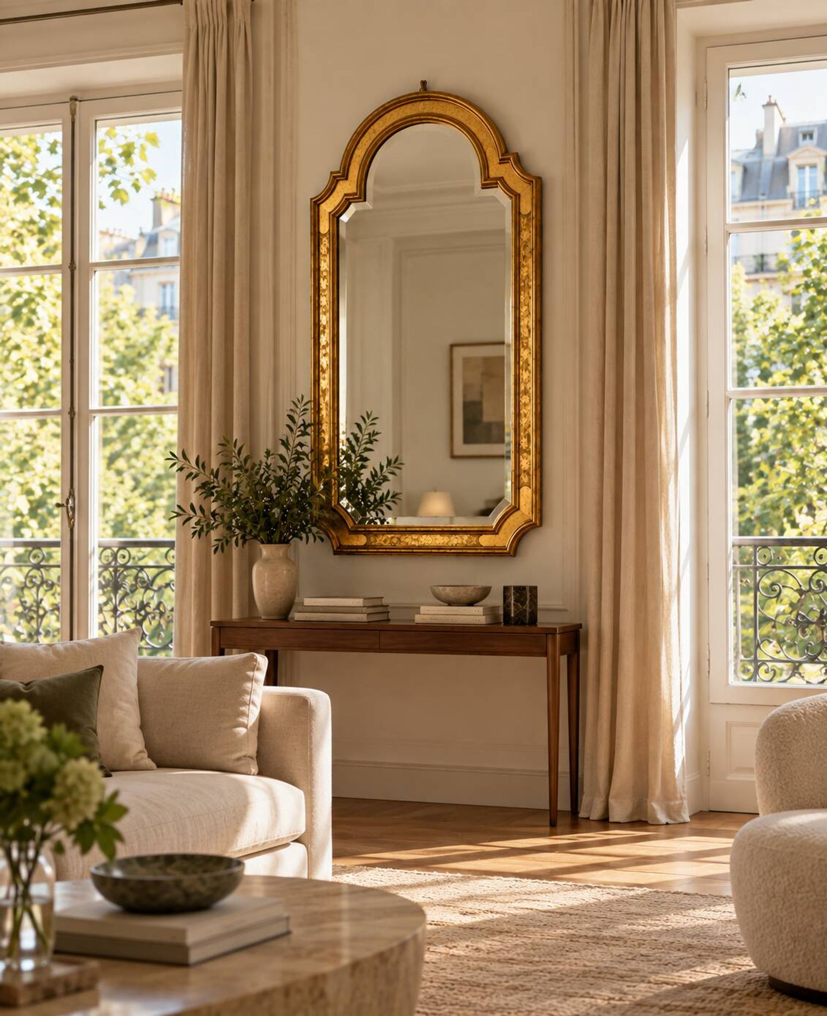 Florentine arched mirror in gilded wood with gold leaf.