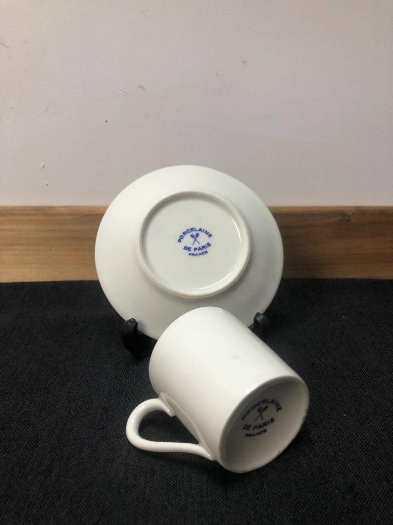 Porcelain de Paris Espresso Cup & Saucer Set: Bird Motif, Gilded, 1950s