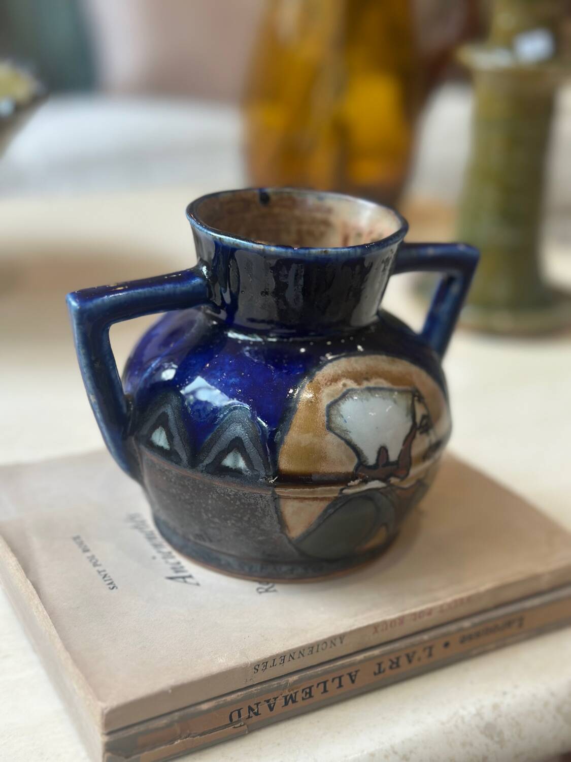 Odetta glazed stoneware blue ceramic vase Faïencerie HB Quimper Bretagne art