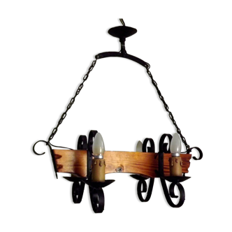 French vintage rustic 4 light chandelier hand carved wood & wrought iron 4053