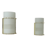 Pair of vintage brass and sandblasted glass wall lights, France 1970