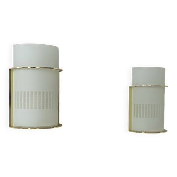Pair of vintage brass and sandblasted glass wall lights, France 1970