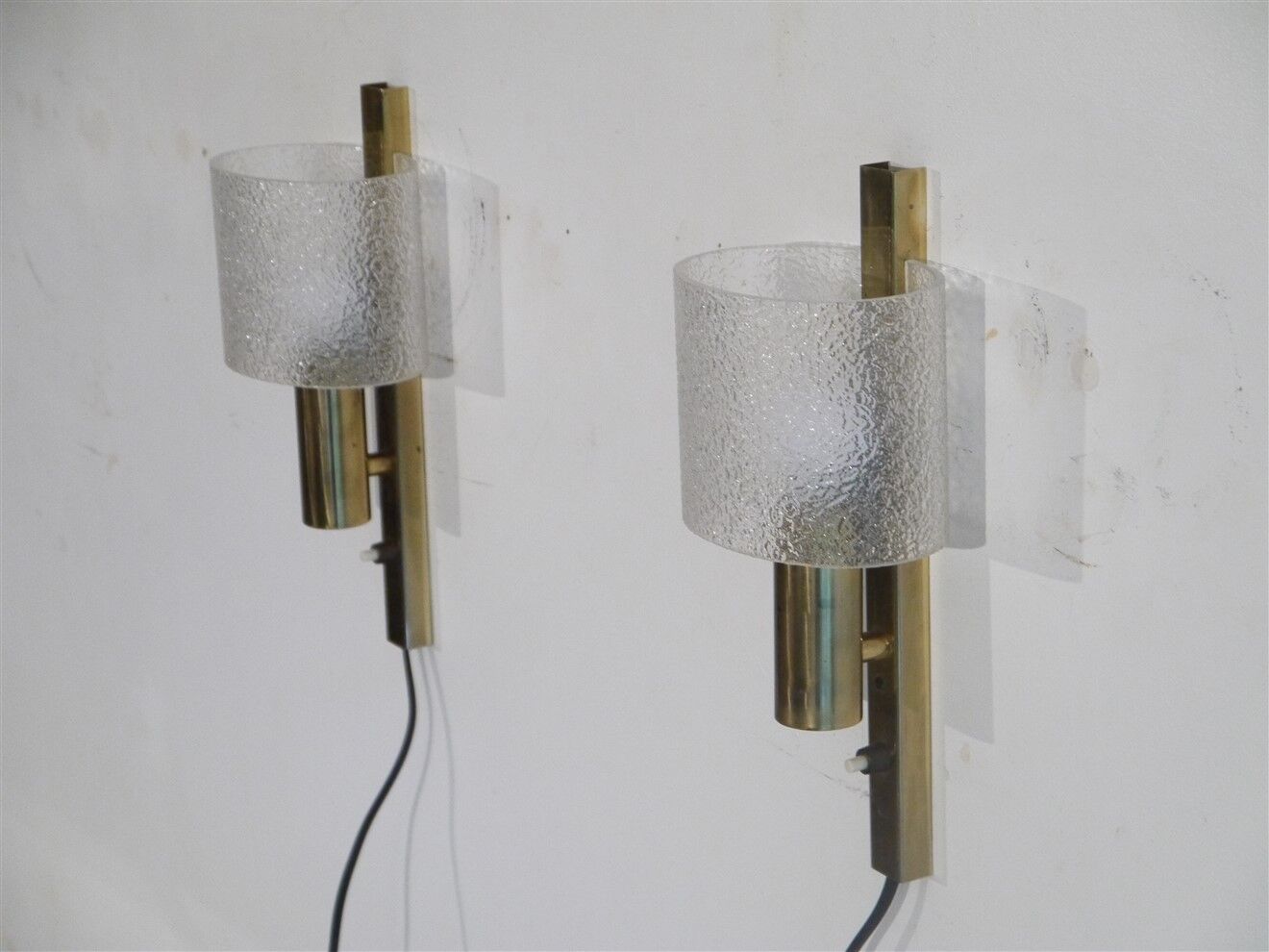 Pair of 1970 brass and plexiglass wall lamps
