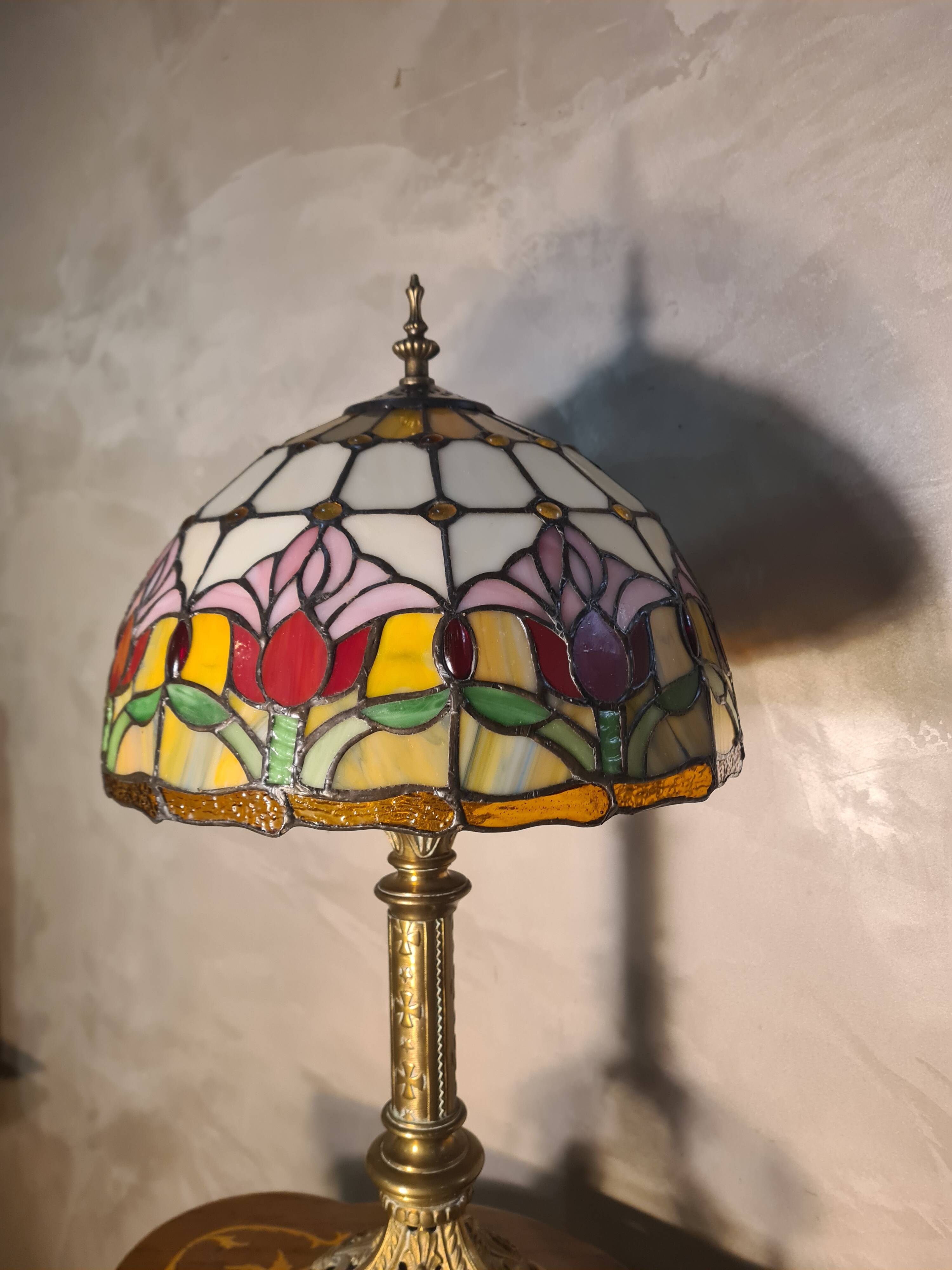 restored antique Art Nouveau bronze lamp, stained glass lampshade in Tiffany style