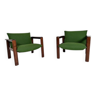 Mid-Century Modern Pair of Armchairs, Green Fabric and Wood, Italy, 1960s