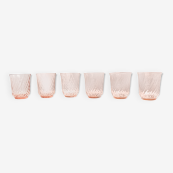 Lot de 6 verres à thé ou eau en verre rose à dépression vintage rosaline verrerie française arcoroc luminarc
