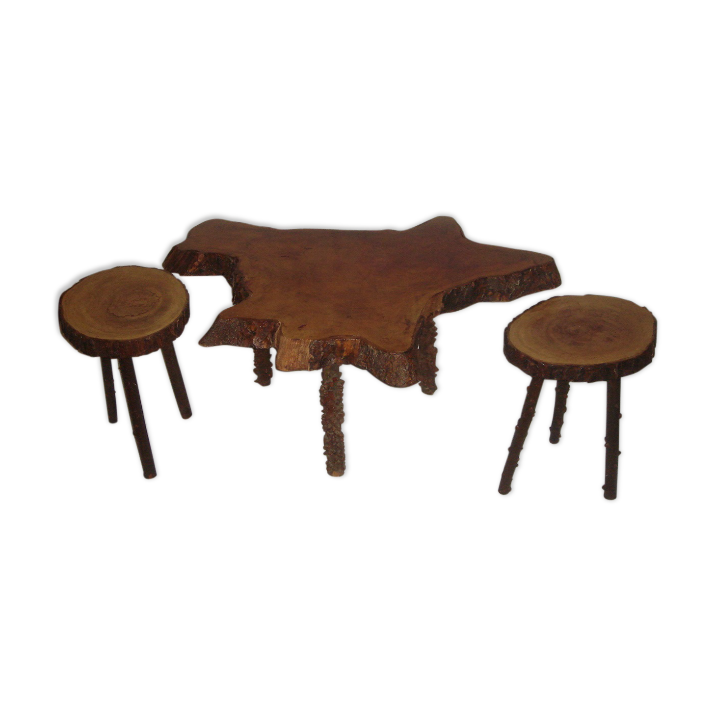 Mahogany table and 2 stools 1970