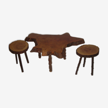 Mahogany table and 2 stools 1970