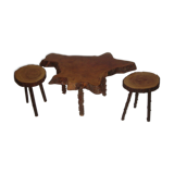 Mahogany table and 2 stools 1970