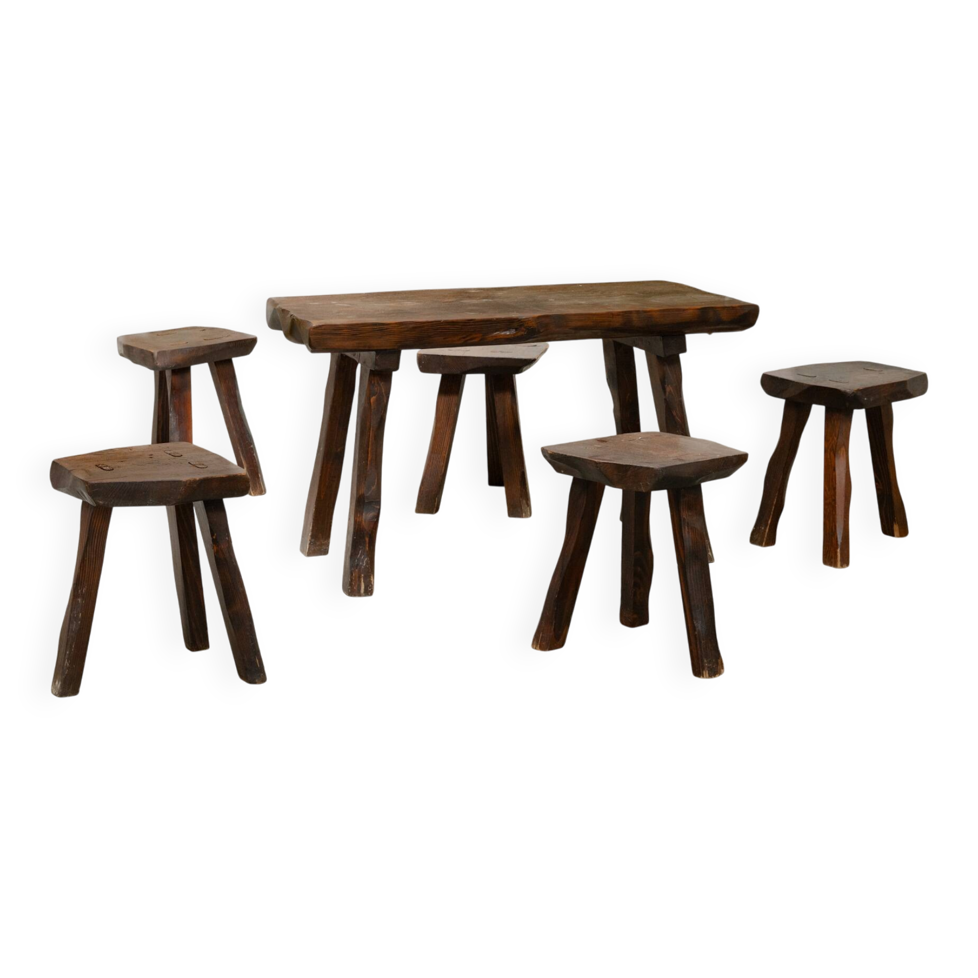 Ensemble table basse et tabourets brutaliste en pin noirci 1960