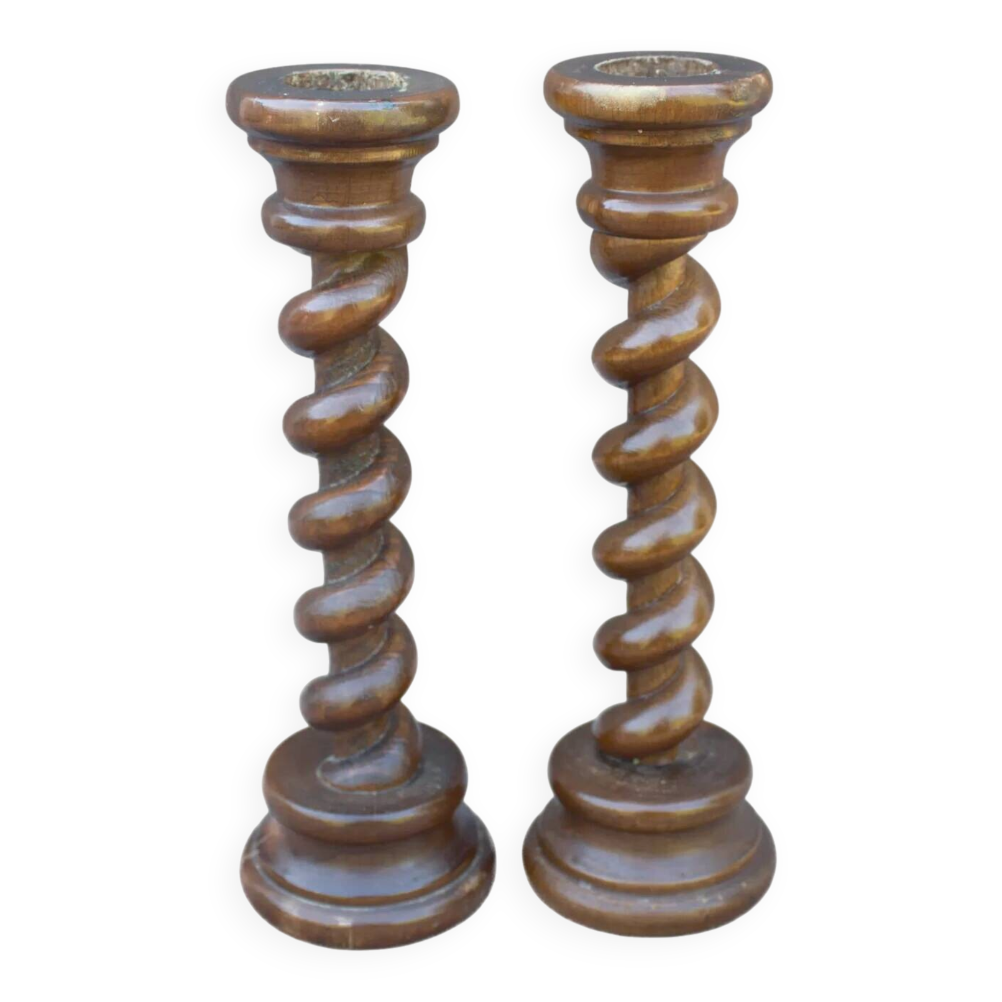 Antique pair of twisted oak candlesticks, table decoration, French heritage