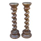 Antique pair of twisted oak candlesticks, table decoration, French heritage