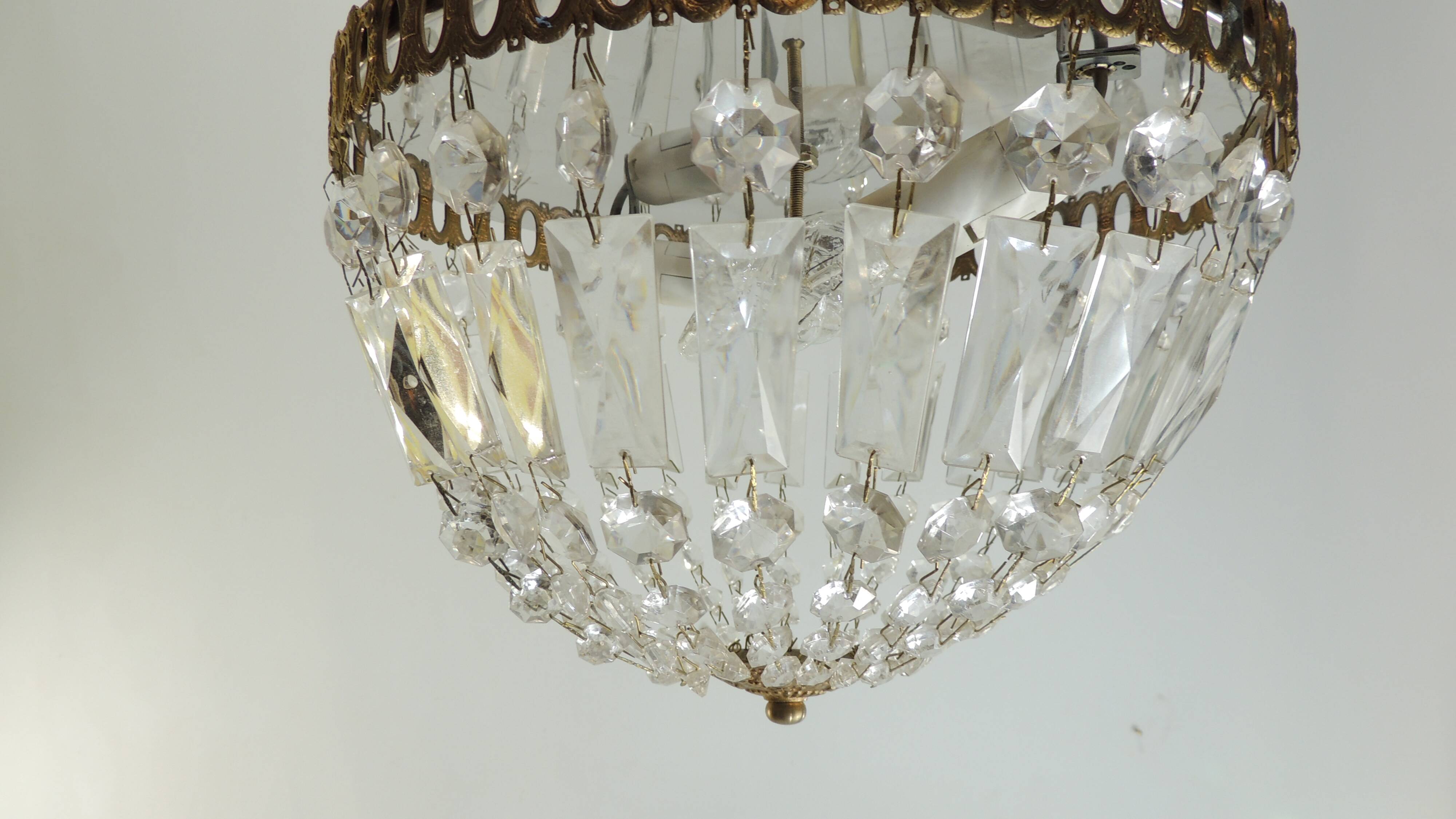 Antique crystal ceiling chandelier, Empire style, patinated gilt metal – pendant light