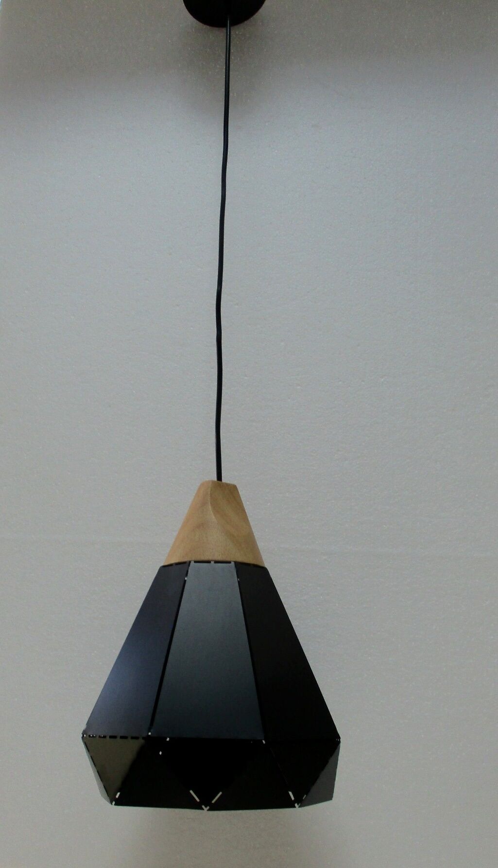 Two pendant lamps design black iron and light wood