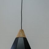 Two pendant lamps design black iron and light wood