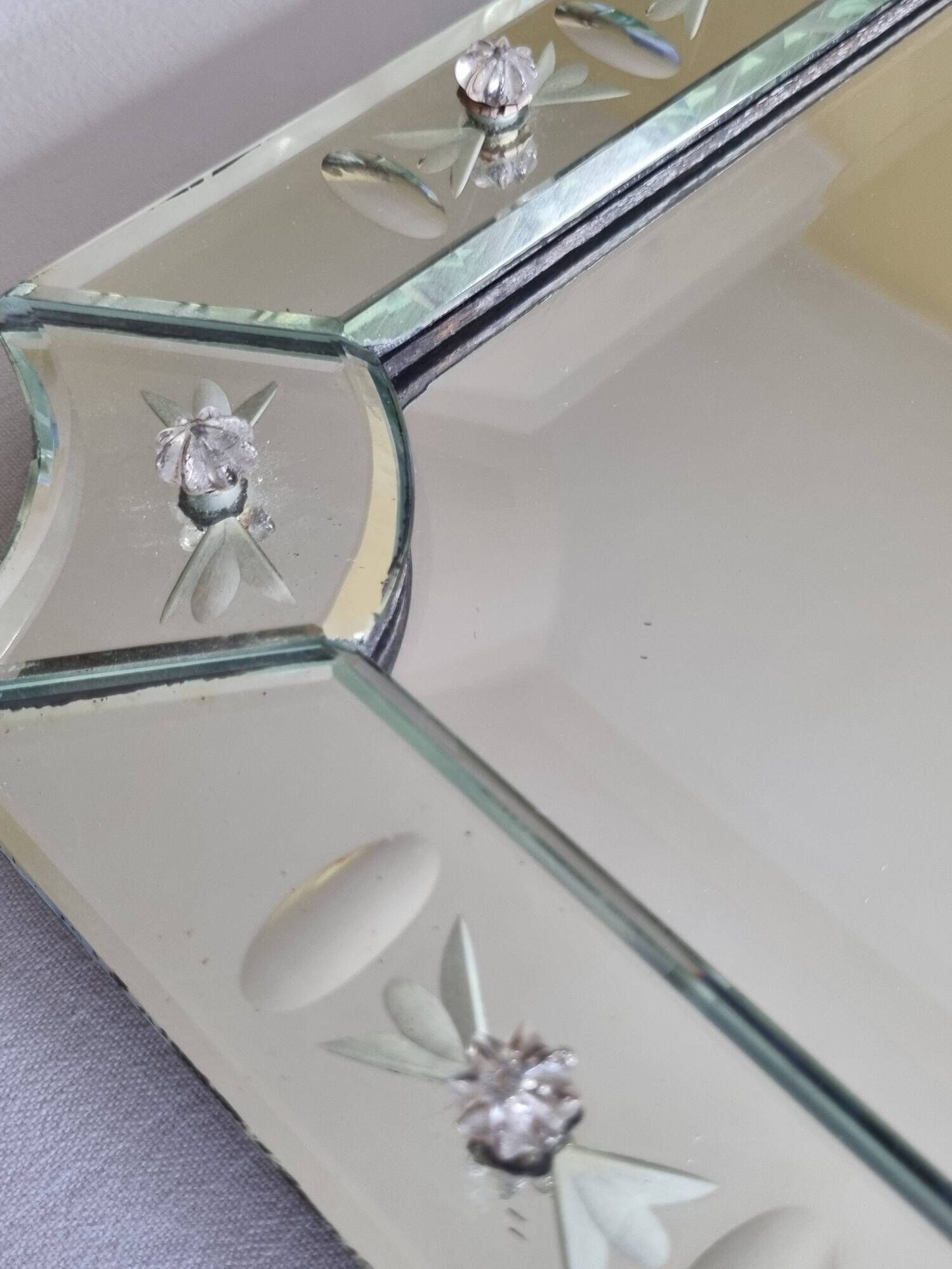 Vintage Venetian Beveled Edge Mirror with Engravings and Cabochons, 1950s, 62 x 44 cm