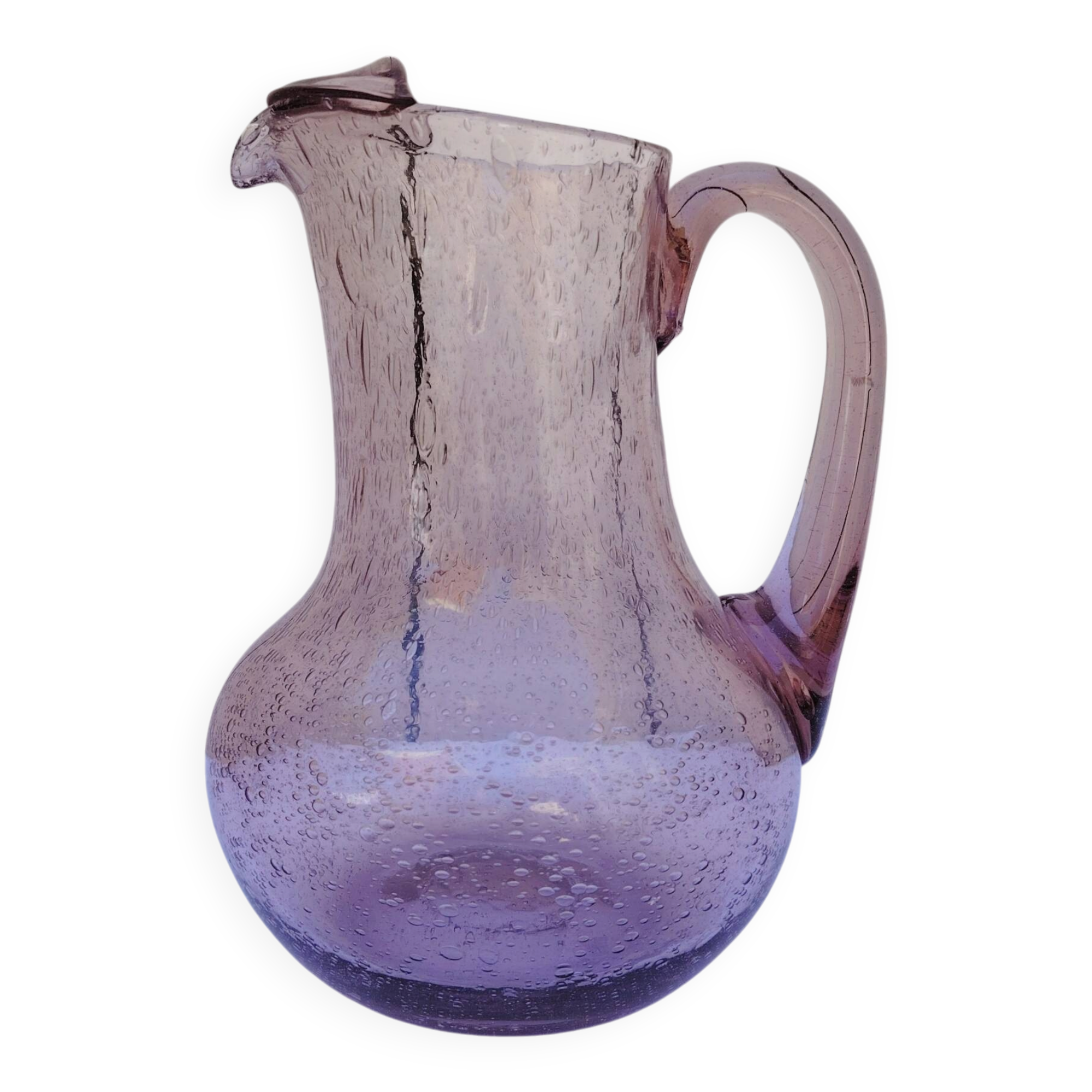 Blown glass pitcher with bubbles, Biot glassware style, vintage.